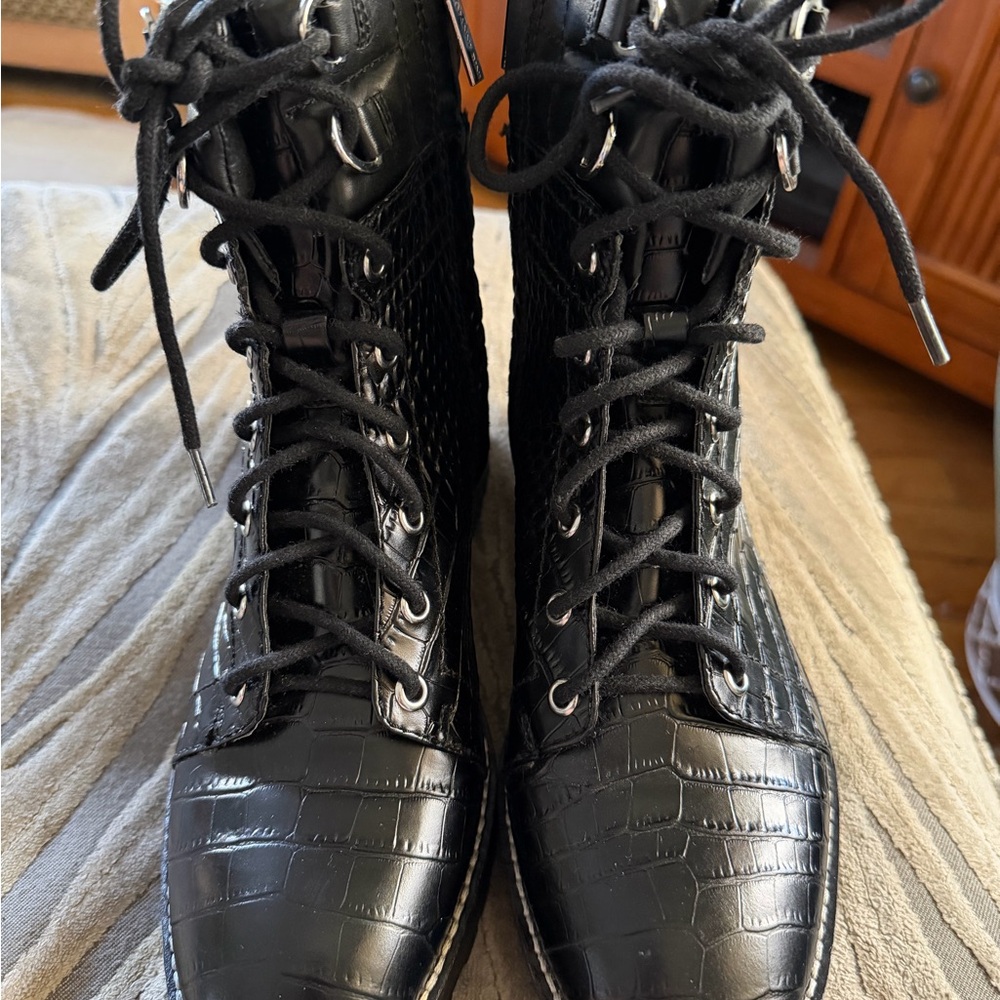 Gianni Bini Black Croc-Embossed Lace-Up Boots